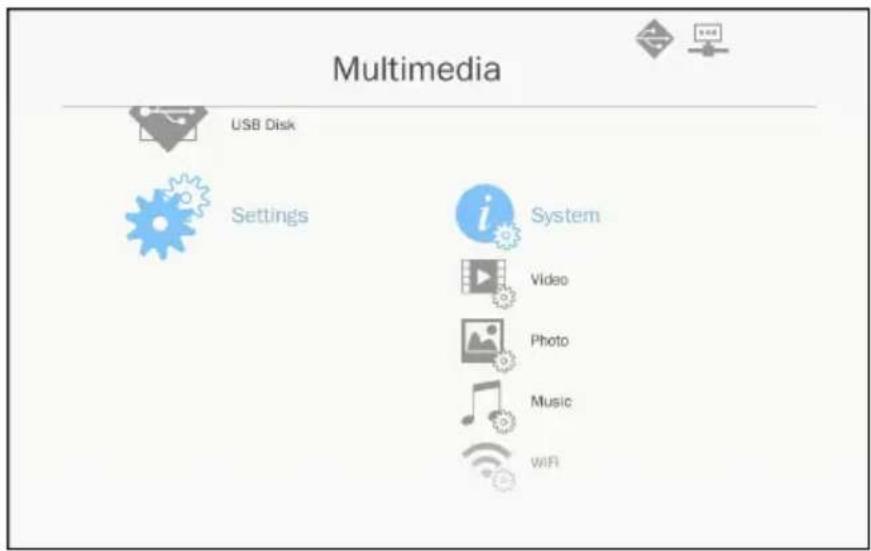 Multimedia USB Disk Settings System Video Photo Music WiFi