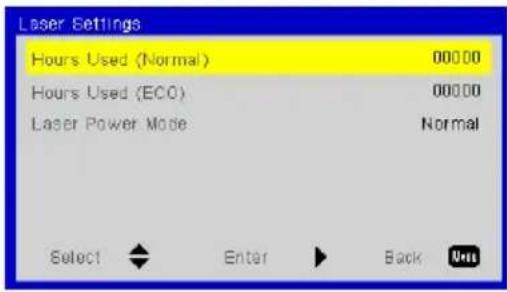 Laser Settings Hours Used (Normal) 00000 Hours Used (ECO) 00000 Laser Power Mode Normal Select Enter Back On