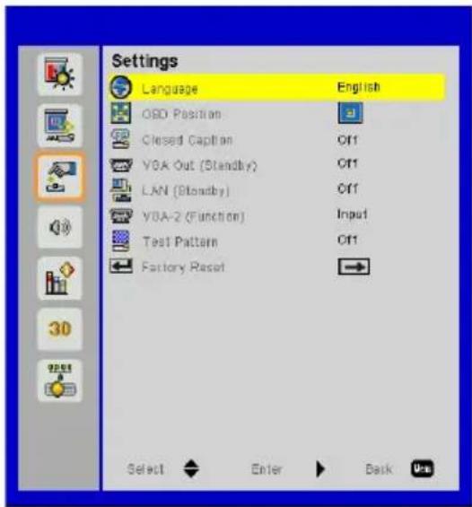 Settings Language English OSD Position Closed Caption Ctrl VBA Out (Standby) Ctrl LAN (Standby) Ctrl VBA-2 (Function).Input Test Pattern Ctrl Factory Reset Select Enter Bask Use