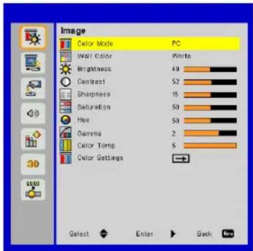 Image Color Mode PC Wall Color White Brightness 49 Contrast 52 Sharpness 15 Saturation 50 Hue 50 Gamma 2 Color Temp 5 Color Settings Select Enter Back Next