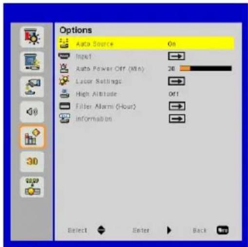 Options Auto Source On Input Auto Power Off (Min) 28 Laser Settings High Altitude Off1 Filler Alarm (Hour) Information Select Enter Back New