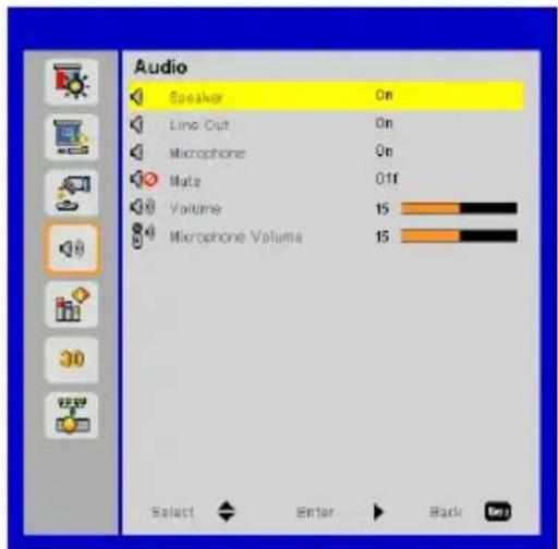 Audio Speaker On Line Out On Microphone On Mate Off Volume 15 Microphone Volume 15 Select Enter Back