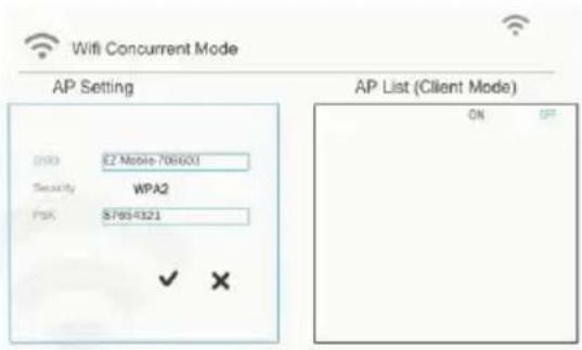 Wifi Concurrent Mode AP Setting IP33 E2 Mobile 706001 Security WPA2 PSK SF64321 AP List (Client Mode) ON FP