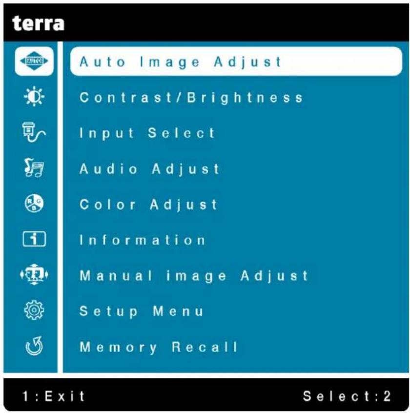 terra Auto Image Adjust Contrast/Brightness Input Select Audio Adjust Color Adjust Information Manual image Adjust Setup Menu Memory Recall 1: Exit Select:2