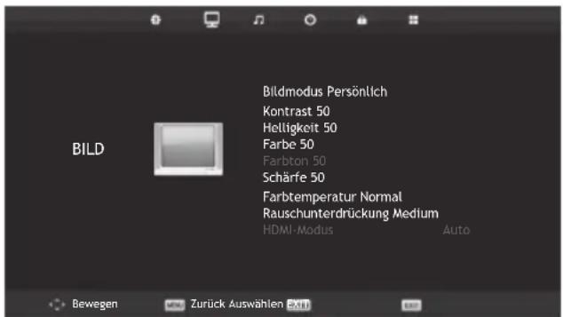 BILD Bildmodus Persönlich Kontrast 50 Heltigkeit 50 Farbe 50 Farbton 50 Schärfe 50 Farbtemperatur Normal Rauschunterdrückung Medium HDMI-Modus Auto Bewegen Zürück Auswählen 2419
