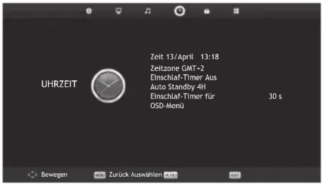 UHRZEIT Zeit 13/April 13:18 Zeitzone GMT+2 Einschlaf-Timer Aus Auto Standby 4H Einschlaf-Timer für OSD-Menü 30 s Bewegen Zurück Auswählen EXIT