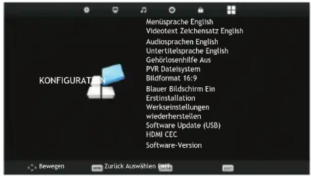 Menüsprache English Videotext Zeichensatz English Audiosprachen English Unterlitelsprache English Gehörlosenhilfe Aus PVR Datelsystem Bildformat 16:9 Blauer Bildschirm Ein Erstinstallation Werkseinstellungen wiederherstellen Software Update (USB) HDMI CEC Software-Version