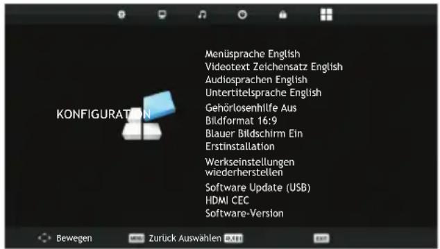 Menüsprache English Videotext Zeichensatz English Audiosprachen English Untertitelsprache English Gehörtlosenhilfe Aus Bildformat 16:9 Blauer Bildschirm Ein Erstinstallation Werkseinstellungen wiederherstellen Software Update (USB) HDMI CEC Software-Version