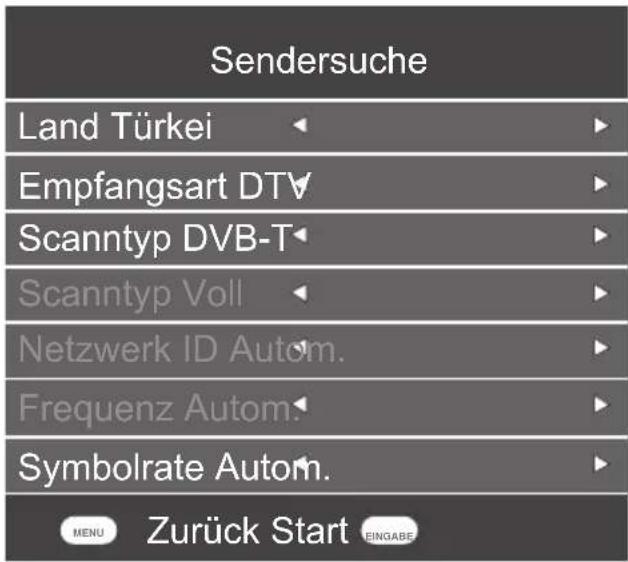 Sendersuche Land Türkei Empfangsart DTV Scanntyp DVB-T Scanntyp Voll Netzwerk ID Autom. Frequenz Autom. Symbolrate Autom. MENU Zurück Start EINGABE