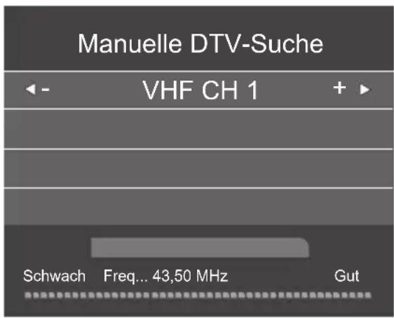 Manuelle DTV-Suche VHF CH 1 Schwach Freq... 43,50 MHz Gut