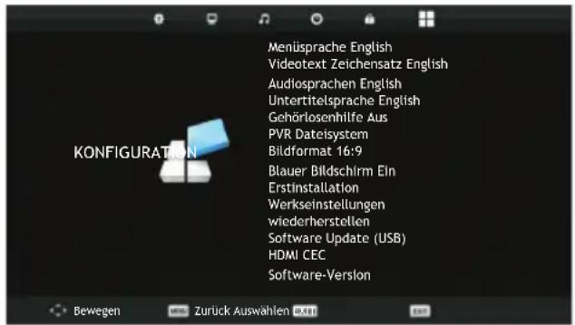 Menüsprache English Videotext Zeichensatz English Audiosprachen English Untertitelsprache English Gehörlosenhilfe Aus PVR Dateisystem Bildformat 16:9 Blauer Bildschirm Ein Erstinstallation Werkseinstellungen wiederherstellen Software Update (USB) HDMI CEC Software-Version