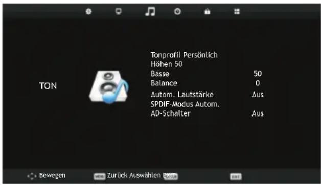 Tonprofil Persönlich Höhen 50 Bässe 50 Balance 0 Autom. Lautstärke Aus SPDIF-Modus Autom. AD-Schalter Aus