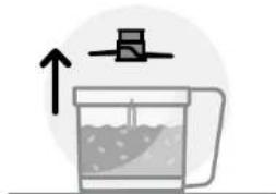 Diagram showing a container with liquid and an upward arrow labeled '↑' indicating flow or movement, with a small icon above reading '品'.