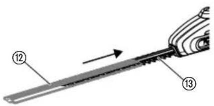 Technical diagram of a mechanical tool with labeled parts 12 and 13, showing an arrow indicating direction.