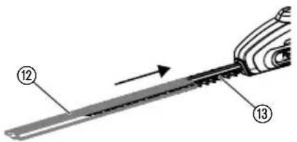 Diagram of a mechanical tool with numbered parts and directional arrow indicating motion