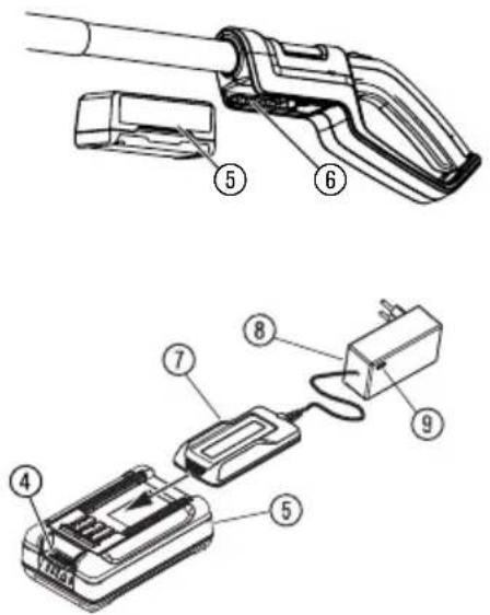 Technical diagram showing exploded and assembled views of a handheld device with numbered components