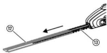 Diagram of a mechanical tool with labeled parts 12 and 13, showing a directional arrow indicating movement.