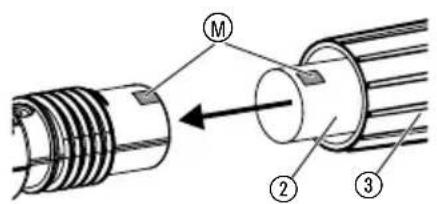 Technical diagram of a mechanical component with labeled parts and directional arrow