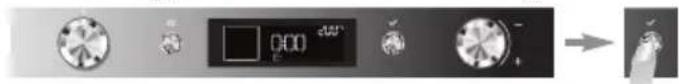 Control panel interface with display and rotary buttons, showing a timer reading '0:00' and a close button labeled '1'.