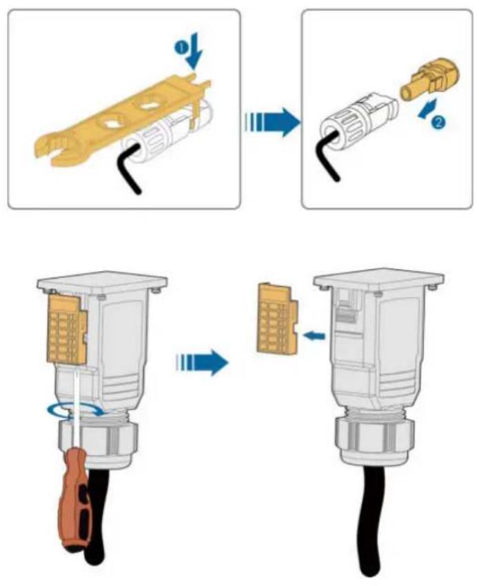 Diagram illustrating the step-by-step installation of a plug into a cable, showing component assembly and disassembly.