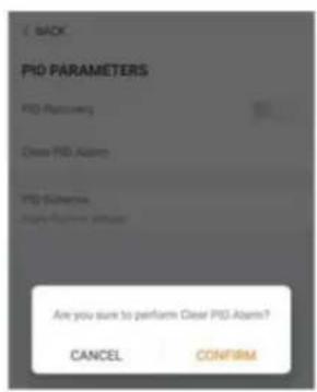 BACK PID PARAMETERS PID Recovery Clear PID Alarm PID Security Apply Response Status Are you sure to perform Clear PID Alarm? CANCEL CONFIRM