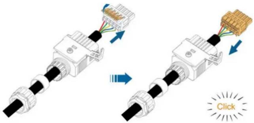 Diagram illustrating the process of inserting a USB into a connector, with a 'Click' button indicating action.