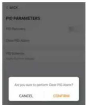 BACK PID PARAMETERS PID Running Clear PID Alarm PID Security Apply Response Status Are you sure to perform Clear PID Alarm? CANCEL CONFIRM