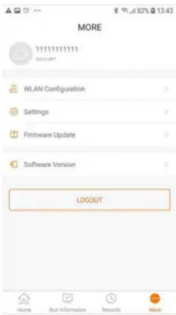 MORE 11111111111 SUPPORT WLAN Configuration > Settings > Firmware Update > Software Version > LOGOUT Home Back Information Records More