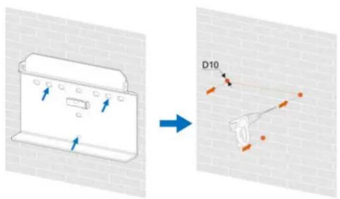 Diagram showing a device panel with blue arrows indicating direction and an arrow labeled 'D10' pointing to a sensor or sensor setup on a brick wall.