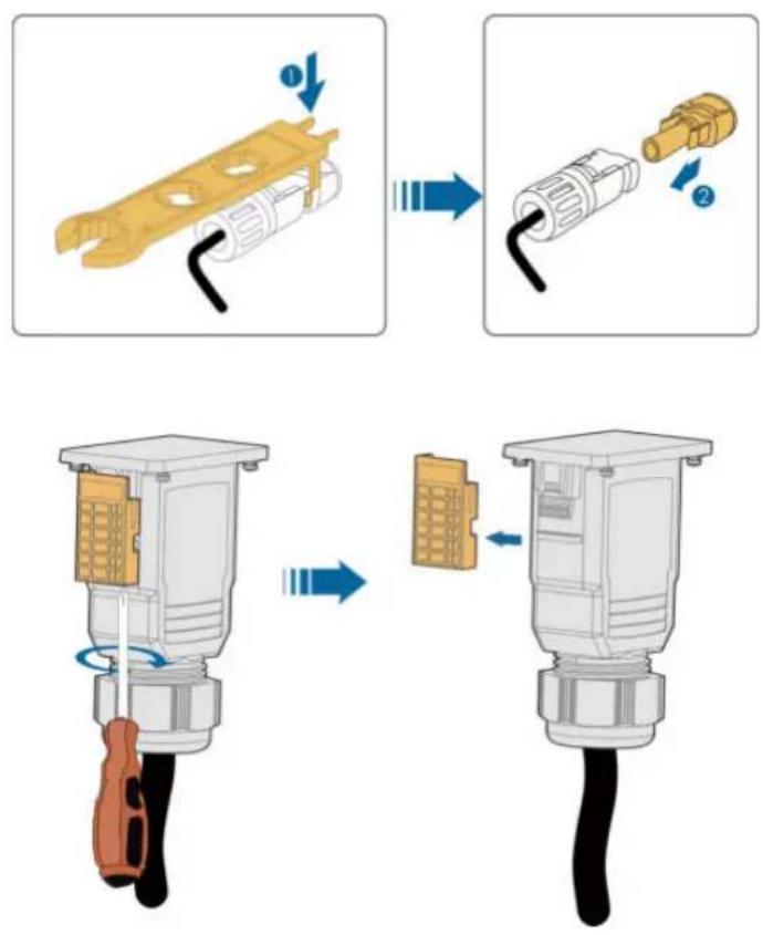 Diagram illustrating the step-by-step installation of a plug into a cable, showing component assembly and disassembly.