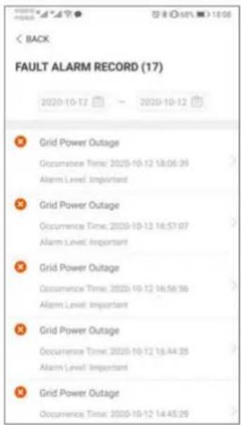 FAULT ALARM RECORD (17) 2020-10-12 Grid Power Outage Occurrence Time: 2020-10-12 18:06:39 Alarm Level: Important Grid Power Outage Occurrence Time: 2020-10-12 16:57:07 Alarm Level: Important Grid Power Outage Occurrence Time: 2020-10-12 16:56:56 Alarm Level: Important Grid Power Outage Occurrence Time: 2020-10-12 16:44:35 Alarm Level: Important Grid Power Outage Occurrence Time: 2020-10-12 14:45:29