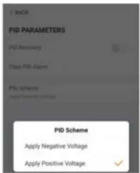 C BACK PID PARAMETERS PID Recovery Close PID Alarm PID Scheme Apply Negative Voltage Apply Positive Voltage