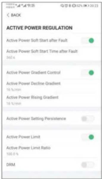 BACK ACTIVE POWER REGULATION Active Power Soft Start after Fault Active Power Soft Start Time after Fault 340 x Active Power Gradient Control Active Power Decline Gradient 16 %/mm Active Power Rising Gradient 16 %/mm Active Power Setting Persistence Active Power Limit Active Power Limit Ratio 100.0 % DRM