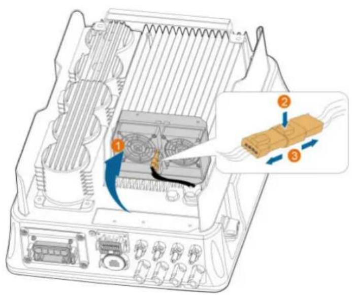 Technical diagram of an electronic device showing internal components and labeled parts with directional arrows