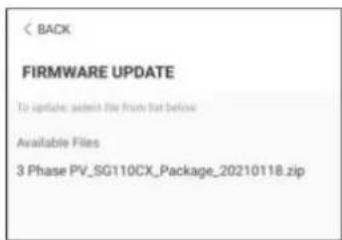 BACK FIRMWARE UPDATE To update, assist the from that below Available Files 3 Phase PV_SG110CX_Package_20210118.zip