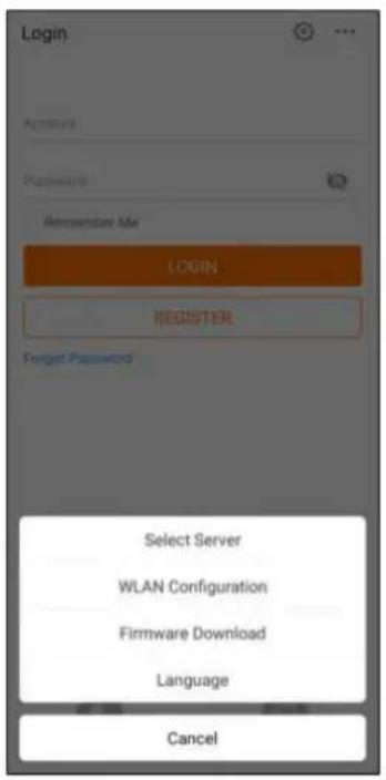 Login Password Remember Me LOGIN REGISTER Forget Password Select Server WLAN Configuration Firmware Download Language Cancel