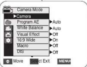 Camera Mode ►Camera Program AE White Balance Visual Effect 16:9 Wide Macro DIS Auto Auto Off On Off Off Move Select Exit MENU