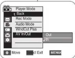 Player Mode Back Rec Mode Audio Mode WindCut Plus AV In/Out Out In Move Select Exit MENU