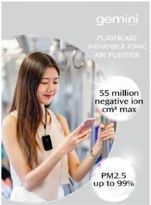 gemini ITALY PURIFICARE WEARABLE IONIC AIR PURIFIER 55 million negative ion cm³ max PM2.5 up to 99%