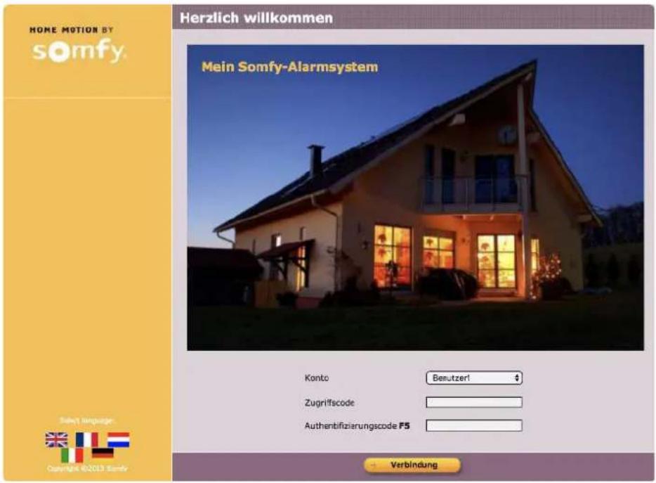 Home MOTION BY somfy. Herzlich willkommen Mein Somfy-Alarmsystem Konto Benutzer! Zugriffscode Authentifizierungscode F5 Verbindung