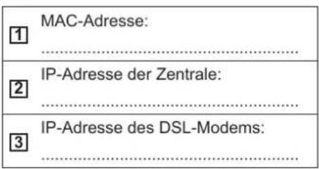 MAC-Adresse: IP-Adresse der Zentrale: IP-Adresse des DSL-Modems: