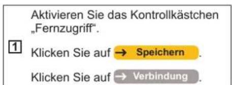 Aktivieren Sie das Kontrollkästchen „Fernzugriff“. Klicken Sie auf → Speichern . Klicken Sie auf → Verbindung.