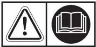 Warning symbol and icon: triangular warning triangle with exclamation mark, black circle with open book