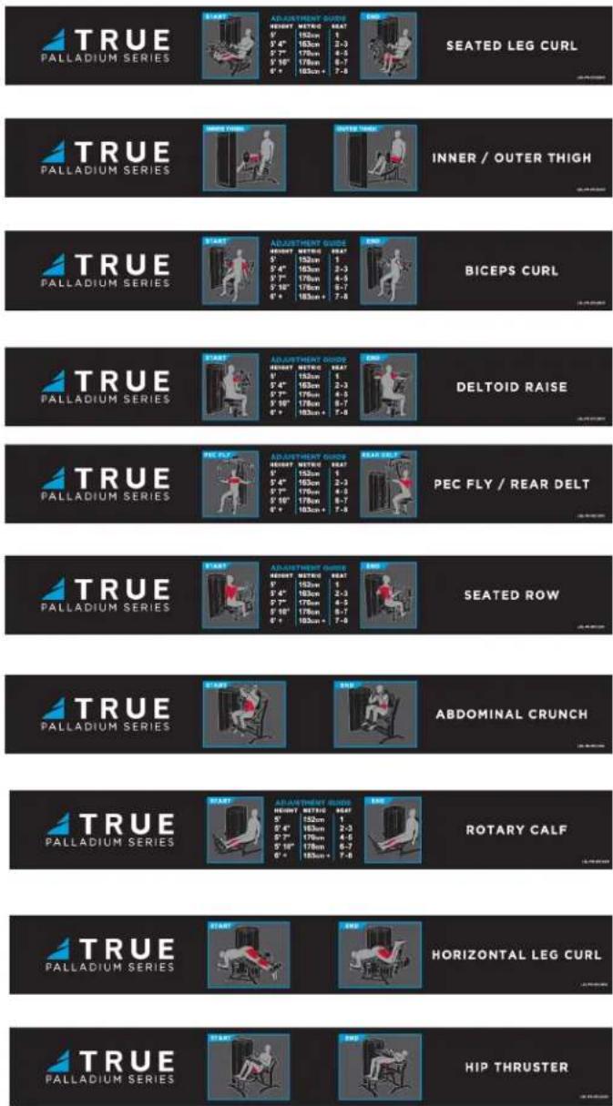 TRUE PALLADIUM SERIES SEATED LEG CURL TRUE PALLADIUM SERIES INNER / OUTER THIGH TRUE PALLADIUM SERIES BICEPS CURL TRUE PALLADIUM SERIES DELTOID RAISE TRUE PALLADIUM SERIES PEC FLY / REAR DELT TRUE PALLADIUM SERIES SEATED ROW TRUE PALLADIUM SERIES ABDOMINAL CRUNCH TRUE PALLADIUM SERIES ROTARY CALF TRUE PALLADIUM SERIES HORIZONTAL LEG CURL TRUE PALLADIUM SERIES HIP THRUSTER