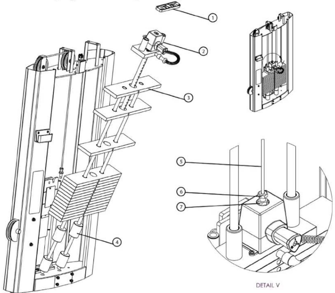 Technical diagram of a mechanical device with numbered components and an inset detail labeled 'DETAIL V'