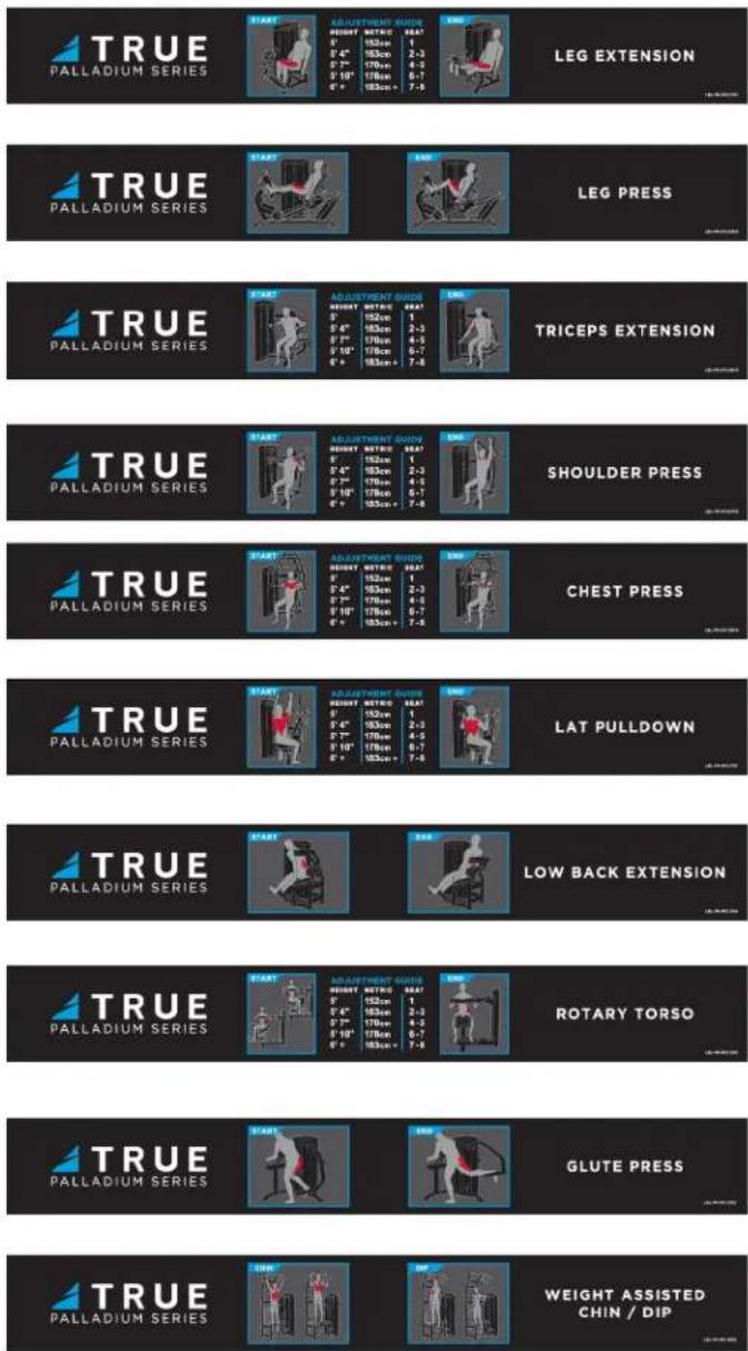 TRUE PALLADIUM SERIES ADJUSTMENT GUIDE BEAT 152cm 2-3 152cm 4-3 178cm 6-7 183cm 7-8 LEG EXTENSION LEG PRESS TRUE PALLADIUM SERIES ADJUSTMENT GUIDE BEAT 152cm 2-3 152cm 4-3 178cm 6-7 183cm 7-8 TRICEPS EXTENSION TRUE PALLADIUM SERIES ADJUSTMENT GUIDE BEAT 152cm 2-3 152cm 4-3 178cm 6-7 183cm 7-8 SHOULDER PRESS TRUE PALLADIUM SERIES ADJUSTMENT GUIDE BEAT 152cm 2-3 152cm 4-3 178cm 6-7 183cm 7-8 CHEST PRESS TRUE PALLADIUM SERIES ADJUSTMENT GUIDE BEAT 152cm 2-3 152cm 4-3 178cm 6-7 183cm 7-8 LAT PULLDOWN TRUE PALLADIUM SERIES BEAT 152cm 2-3 152cm 4-3 178cm 6-7 183cm 7-8 LOW BACK EXTENSION TRUE PALLADIUM SERIES ADJUSTMENT GUIDE BEAT 152cm 2-3 152cm 4-3 178cm 6-7 183cm 7-8 ROTARY TORSO TRUE PALLADIUM SERIES GLUTE PRESS TRUE PALLADIUM SERIES BEAT 152cm 2-3 152cm 4-3 178cm 6-7 183cm 7-8 WEIGHT ASSISTED CHIN / DIP