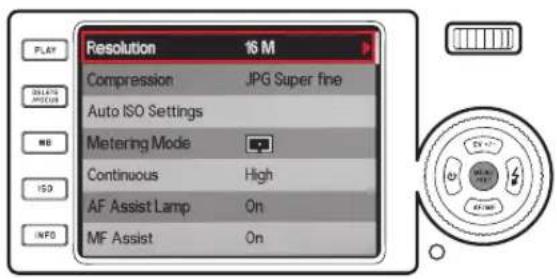 Resolution 16 M Compression JPG Super fine Auto ISO Settings Metering Mode Continuous High AF Assist Lamp On MF Assist On