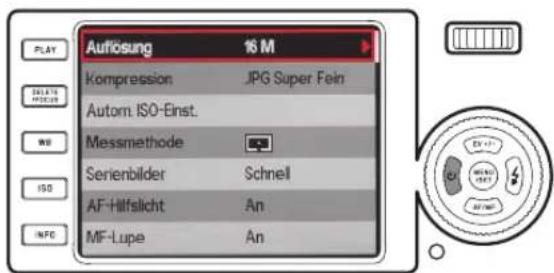 Auflösung 16 M Kompression JPG Super Fein Autom. ISO-Einst. Messmethode Serienbilder Schnell AF-Hilfslicht An MF-Lupe An