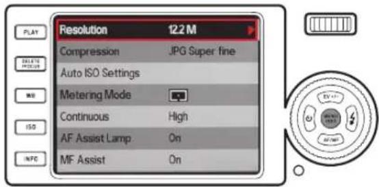 Resolution 12.2 M Compression JPG Super fine Auto ISO Settings Metering Mode Continuous High AF Assist Lamp On MF Assist On