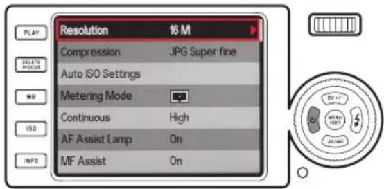 Resolution 16 M Compression JPG Super fine Auto ISO Settings Metering Mode Continuous High AF Assist Lamp On MF Assist On